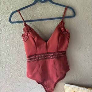 Burgundy Lace-Trimmed Bodysuit